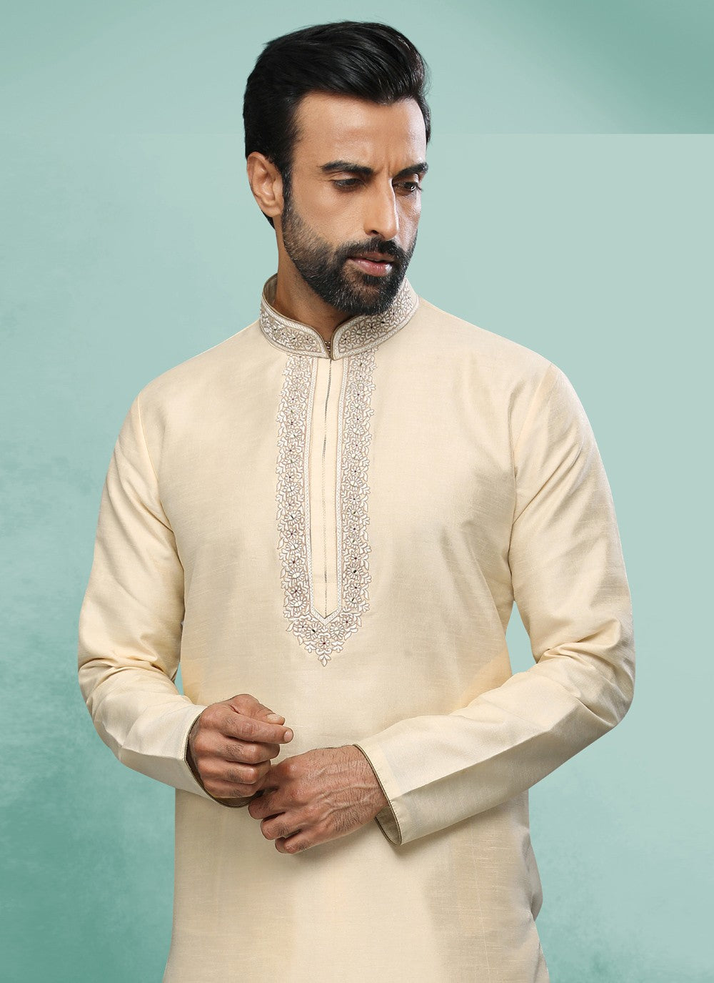 Embroidered Art Silk Cream Kurta Pyjama - M4373