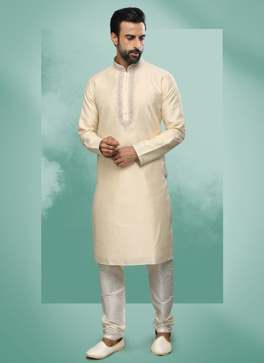 Embroidered Art Silk Cream Kurta Pyjama - M4373