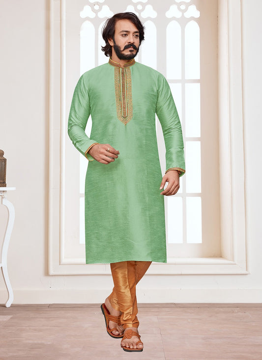 Embroidered Art Silk Green Kurta Pyjama - M2329