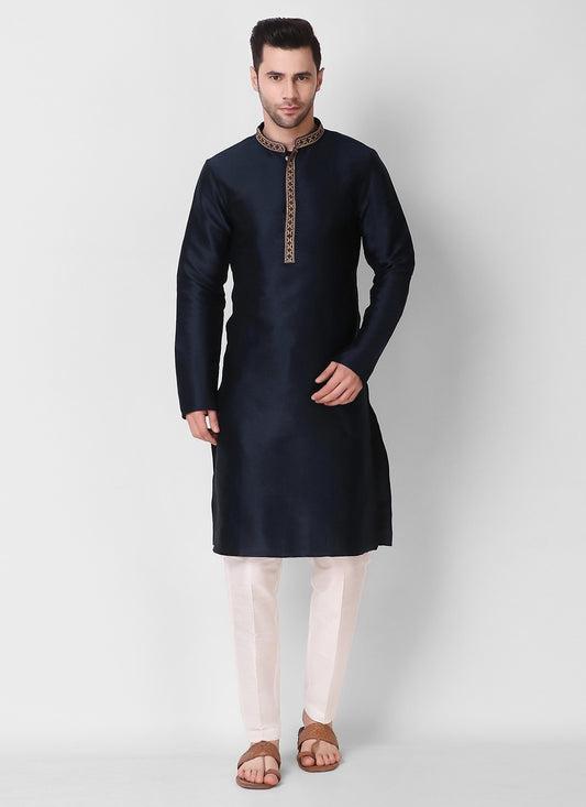 Embroidered Art Silk Navy Blue Kurta Pyjama - M3109