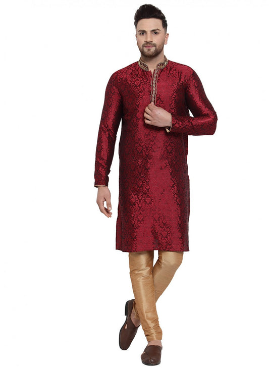 Embroidered Banarasi Silk Maroon Kurta Pyjama - M1616