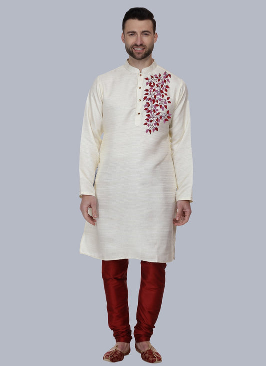 Embroidered Bhagalpuri Silk Off White Kurta Pyjama - M6571