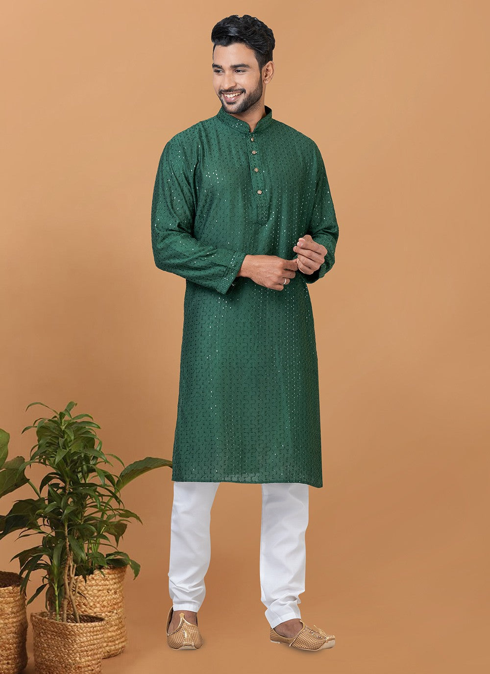 Embroidered Cotton , Viscose Green Kurta Pyjama - M6255