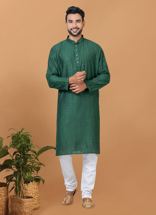 Embroidered Cotton , Viscose Green Kurta Pyjama - M6255