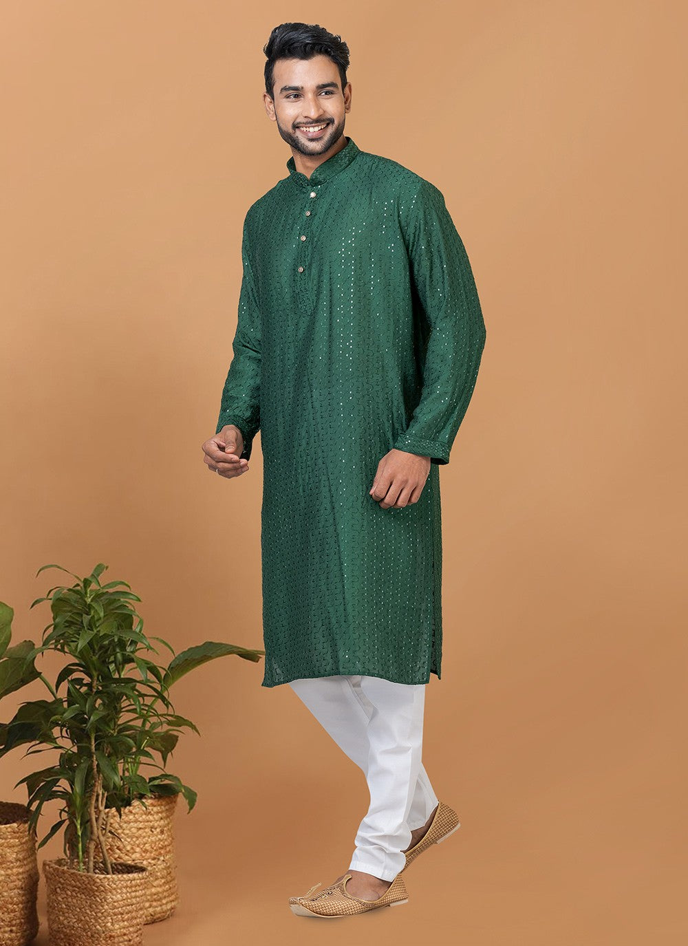 Embroidered Cotton , Viscose Green Kurta Pyjama - M6255