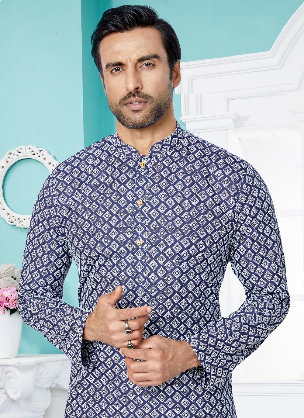 Embroidered Cotton Silk Blue Kurta Pyjama - M4987