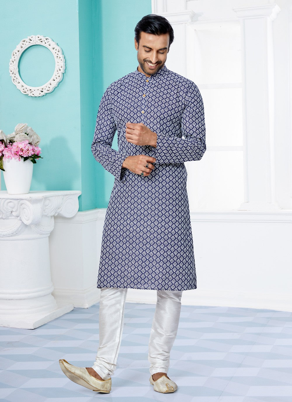 Embroidered Cotton Silk Blue Kurta Pyjama - M4987