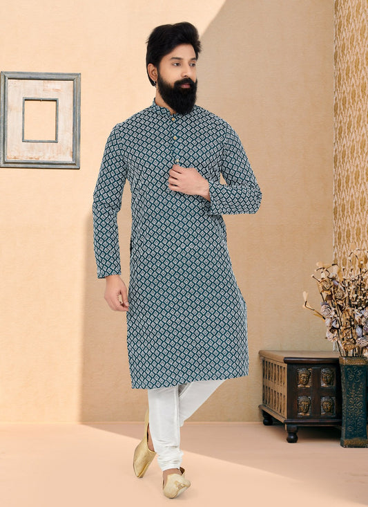 Embroidered Cotton Silk Green Kurta Pyjama - M4993