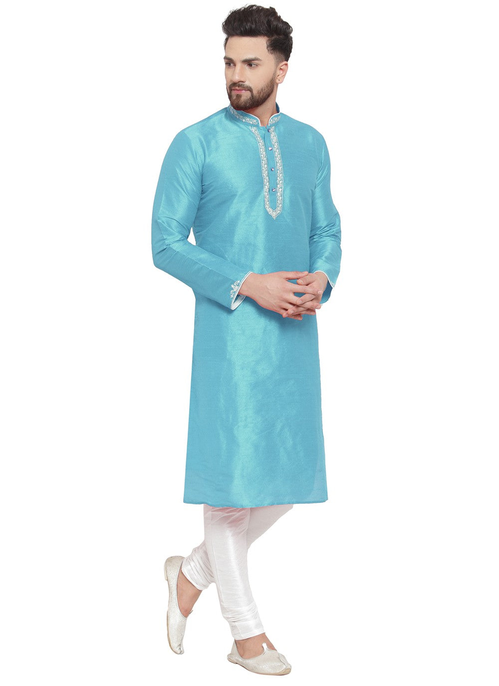 Embroidered Dupion Silk Aqua Blue Kurta Pyjama - M7314