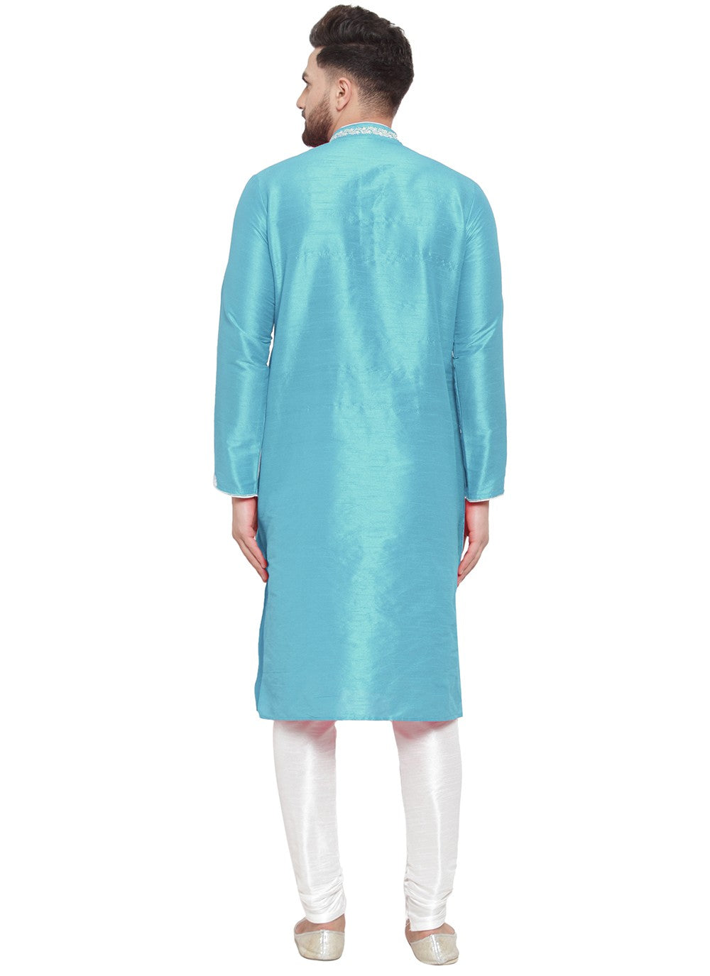 Embroidered Dupion Silk Aqua Blue Kurta Pyjama - M7314