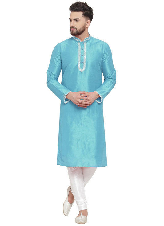 Embroidered Dupion Silk Aqua Blue Kurta Pyjama - M7314