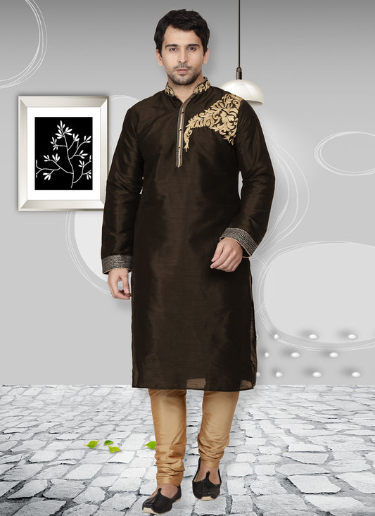 Embroidered Dupion Silk Brown Kurta Pyjama - M6564