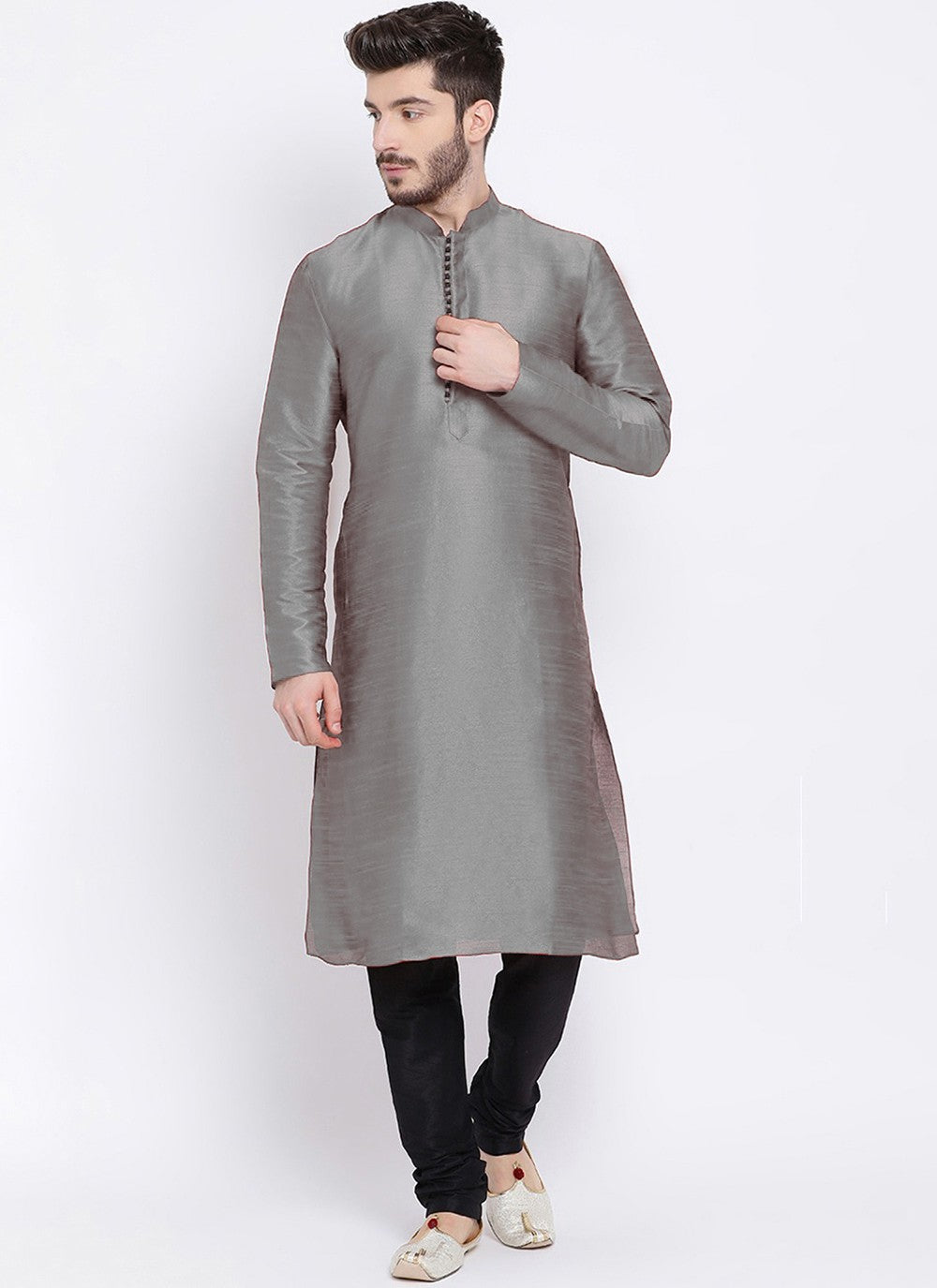 Embroidered Dupion Silk Grey Kurta Pyjama - M2292