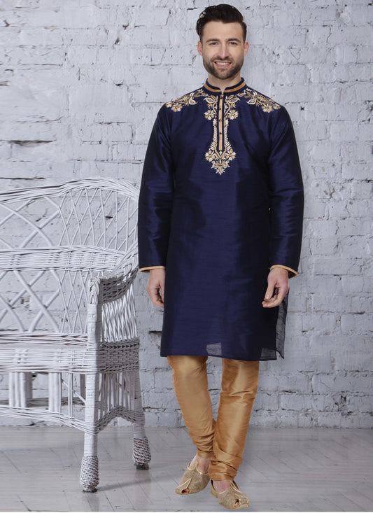 Embroidered Dupion Silk Navy Blue Kurta Pyjama - M1056