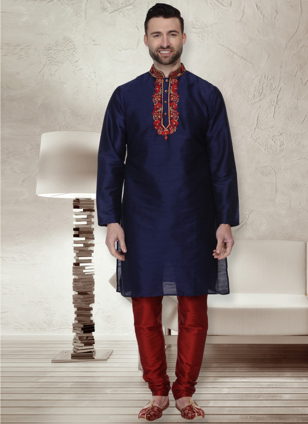 Embroidered Dupion Silk Navy Blue Kurta Pyjama - M1076