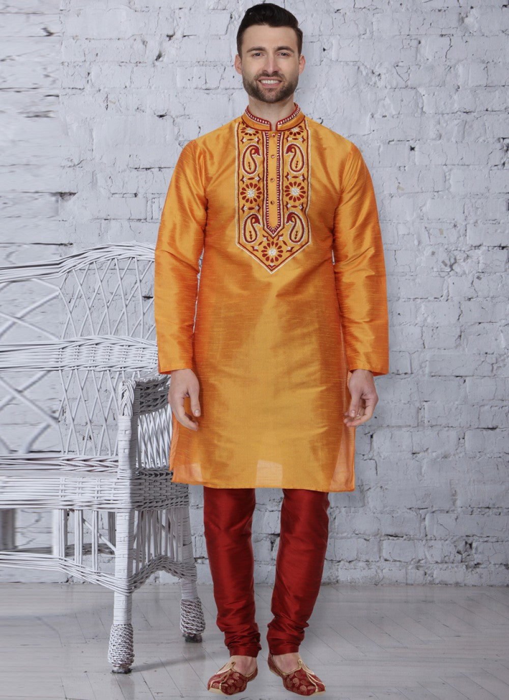 Embroidered Dupion Silk Orange Kurta Pyjama - M1074