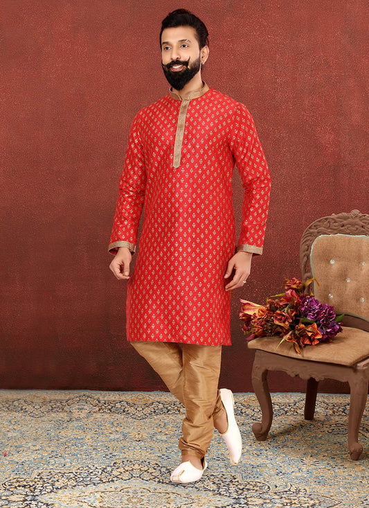 Embroidered Dupion Silk Red Kurta Pyjama - M2611