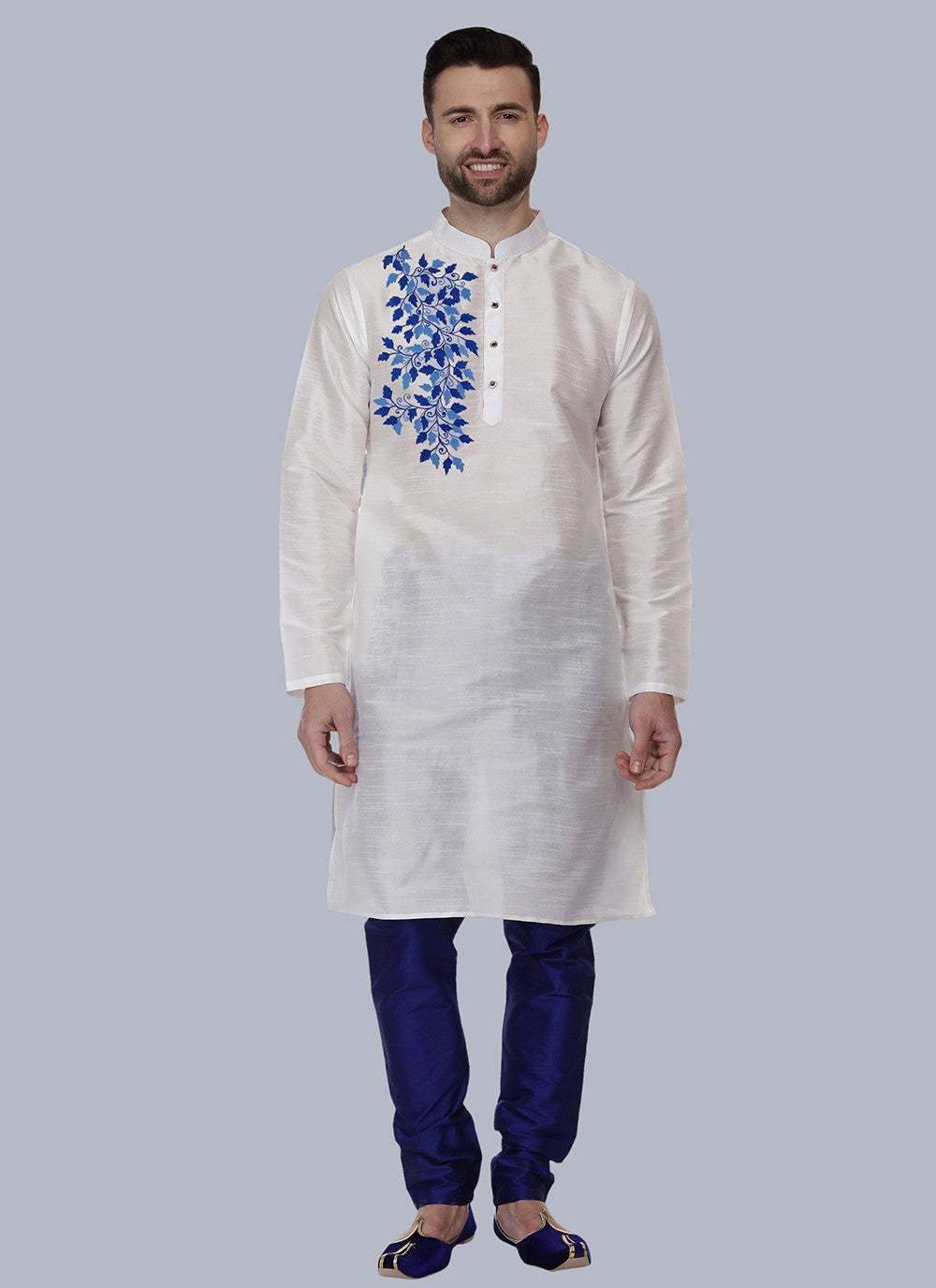 Embroidered Dupion Silk White Kurta Pyjama - M6570