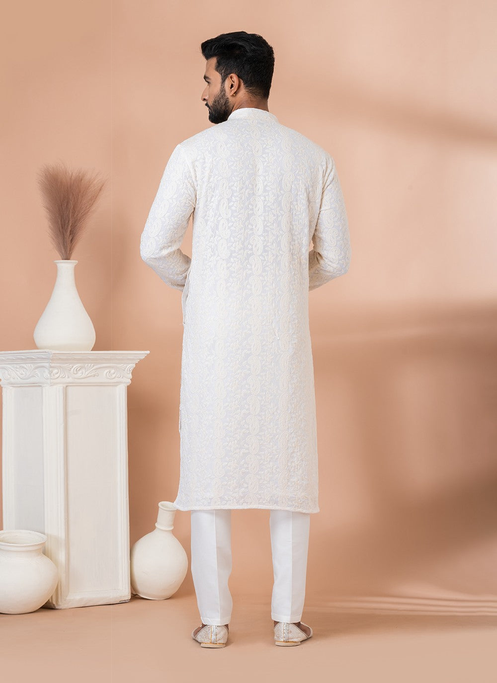 Embroidered Georgette White Kurta Pyjama - M6833