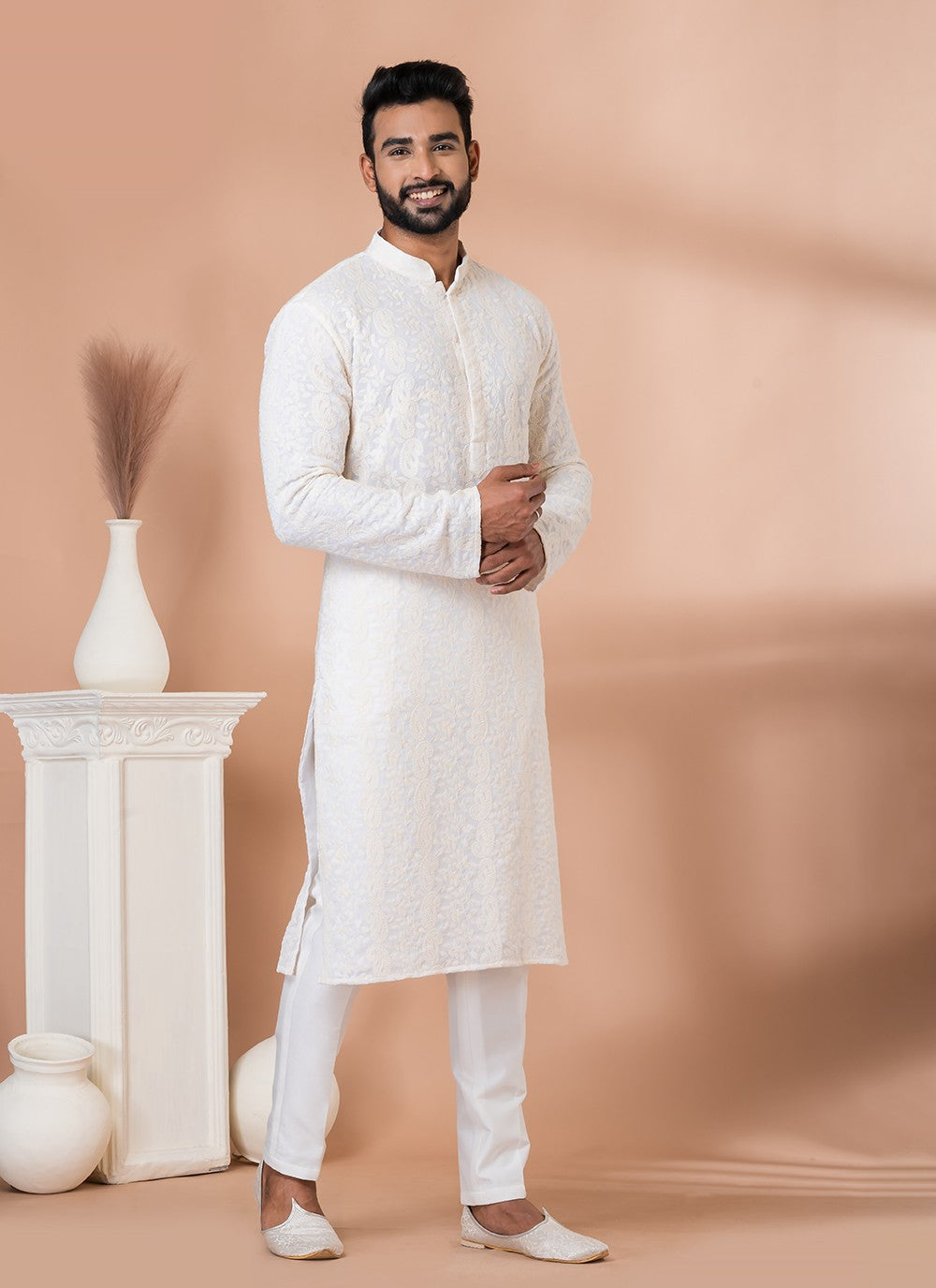 Embroidered Georgette White Kurta Pyjama - M6833