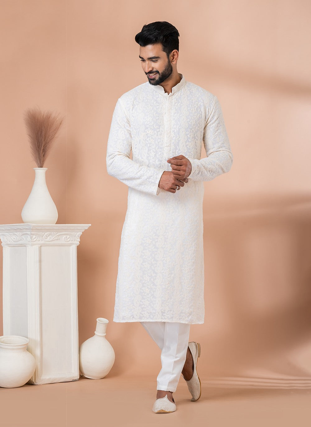 Embroidered Georgette White Kurta Pyjama - M6833