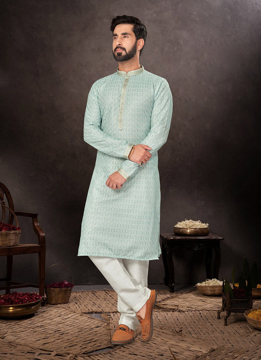 Embroidered Jacquard Green Kurta Pyjama - M7221