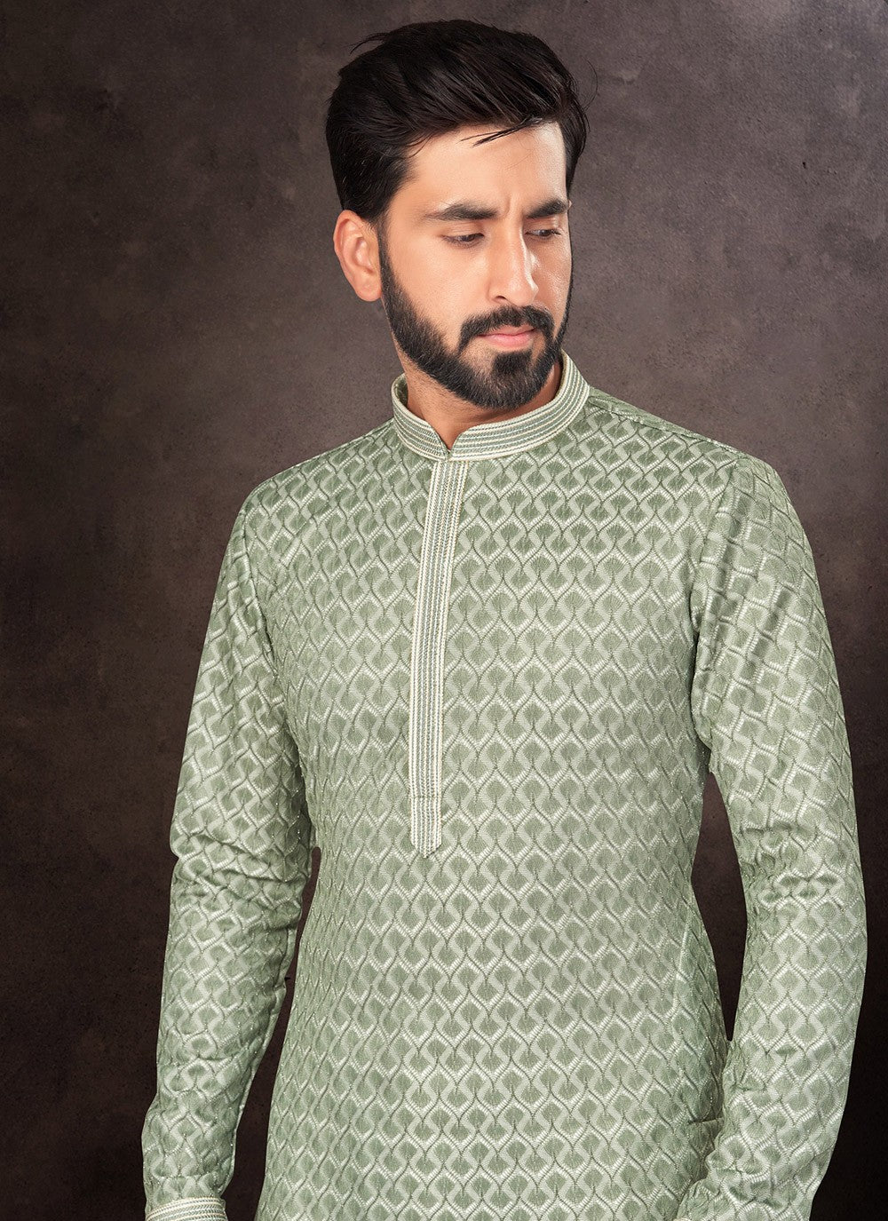 Embroidered Jacquard Green Kurta Pyjama - M7222