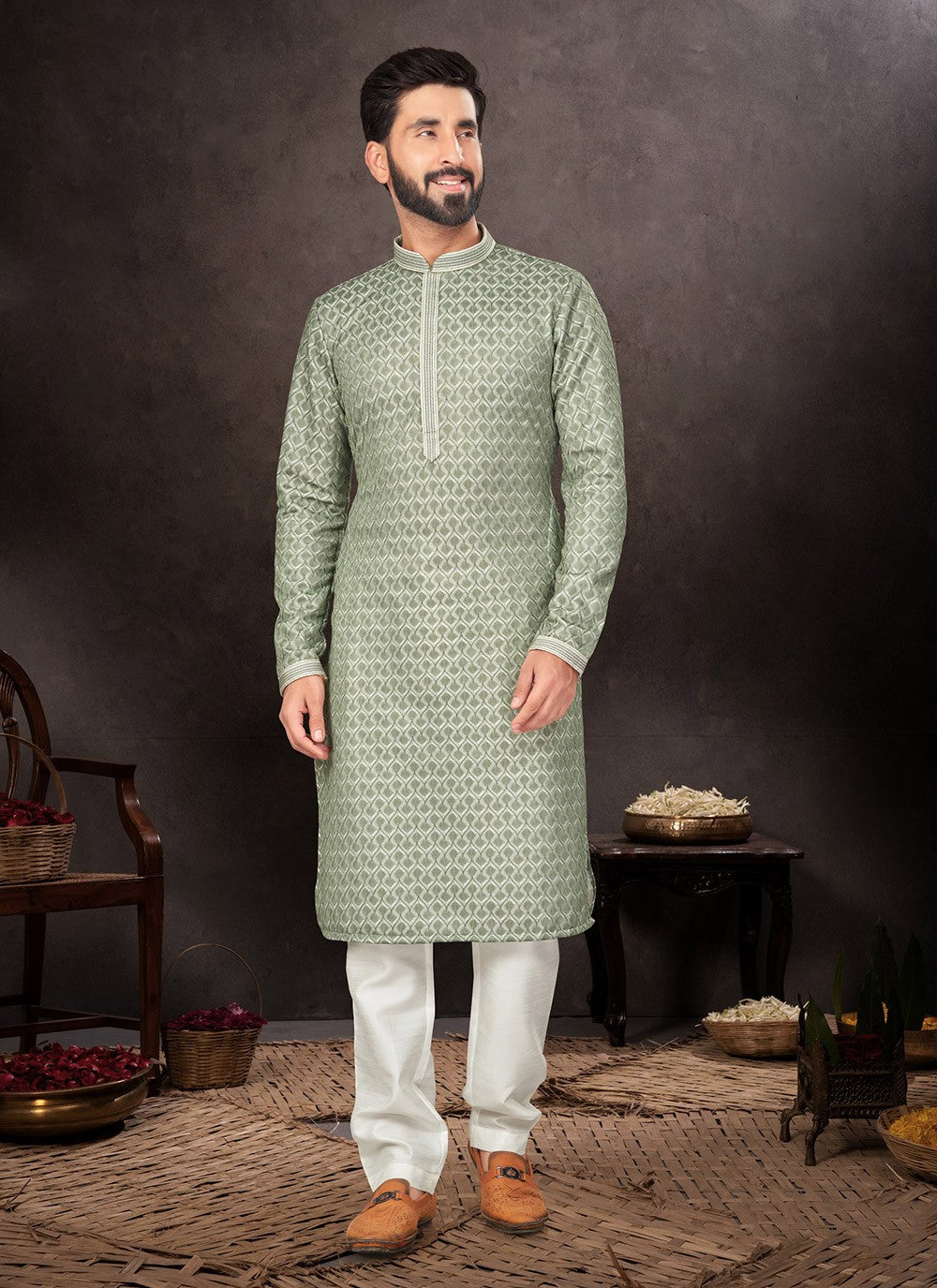 Embroidered Jacquard Green Kurta Pyjama - M7222