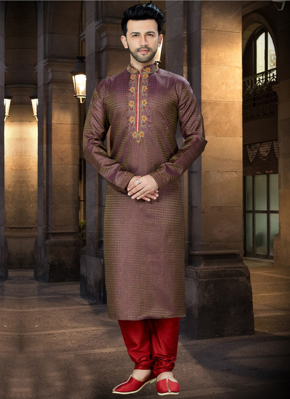 Embroidered Jacquard Wine Kurta Pyjama - M1035