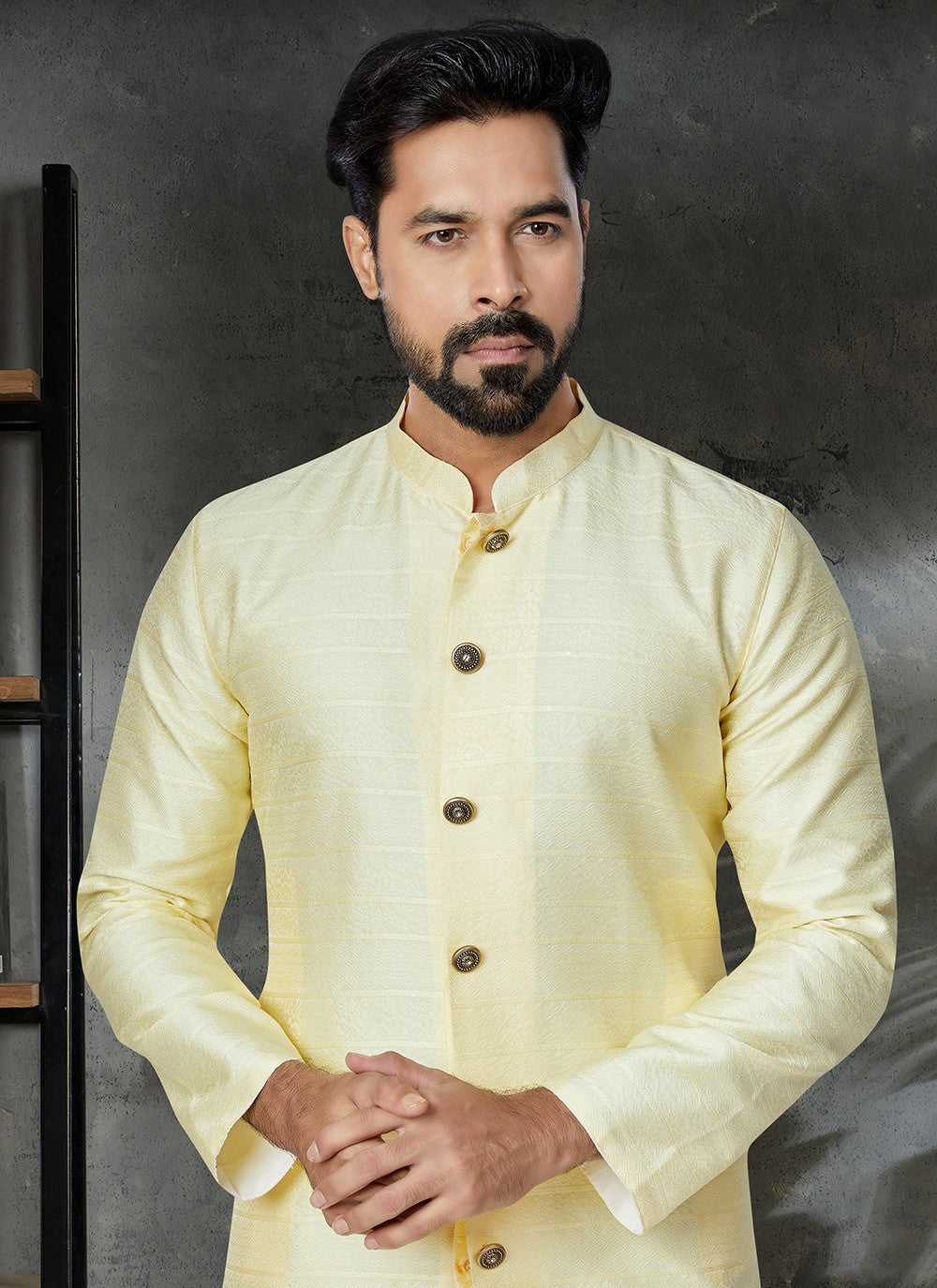 Embroidered Jacquard Yellow Kurta Pyjama - M4962