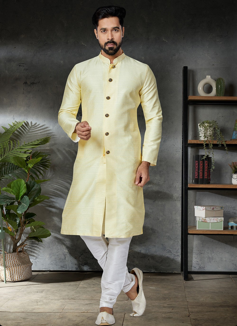 Embroidered Jacquard Yellow Kurta Pyjama - M4962