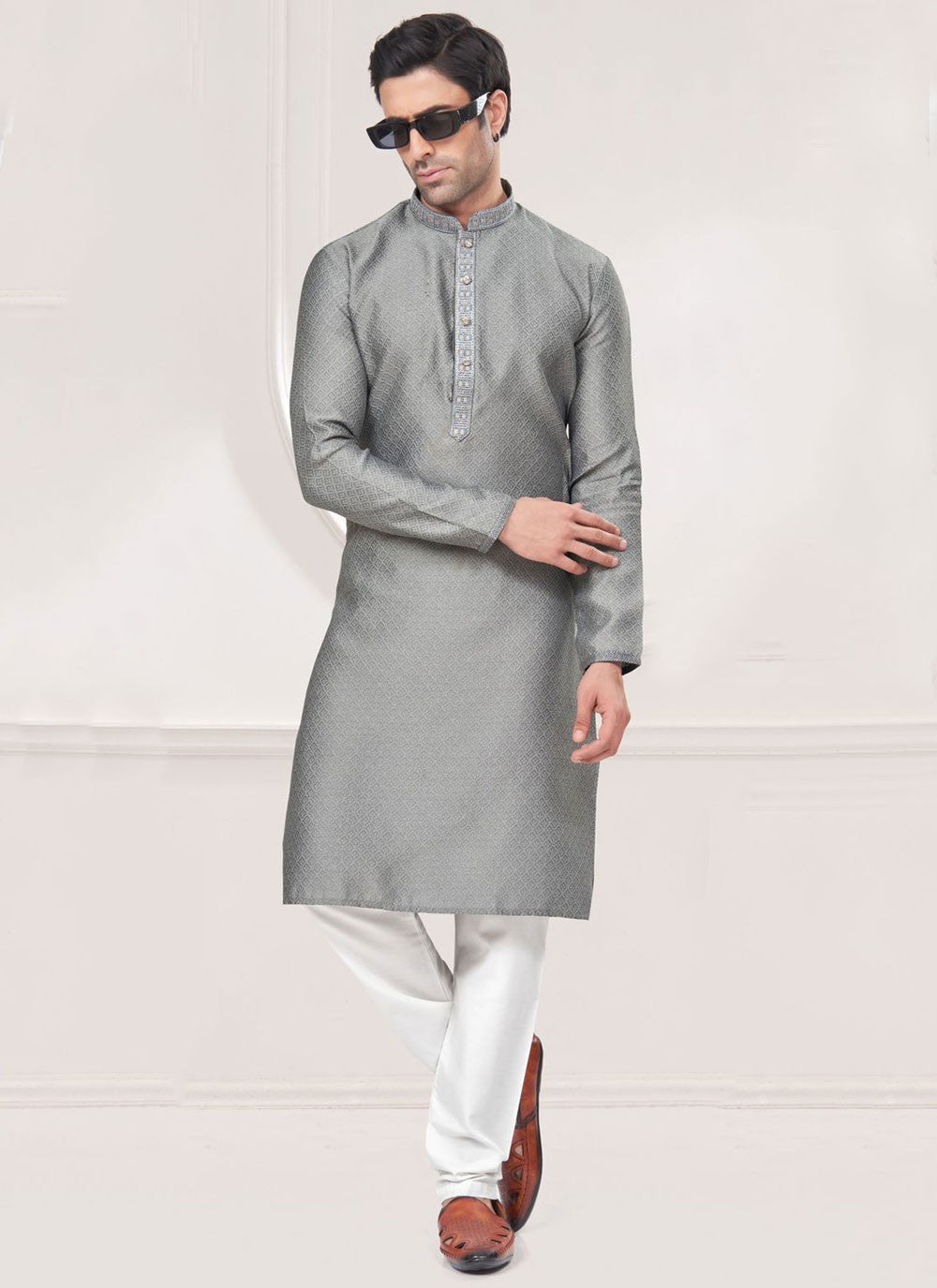 Embroidered Jacquard Silk Grey Kurta Pyjama - M7364