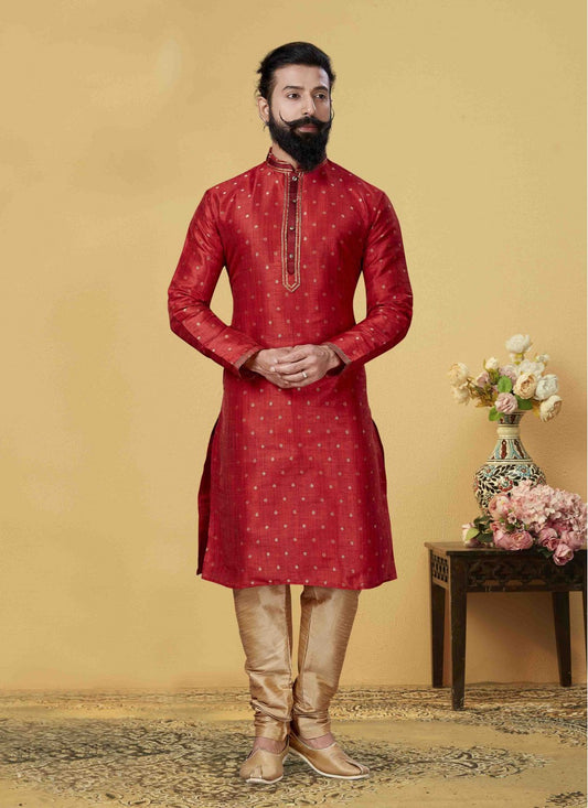 Embroidered Jacquard Silk Red Kurta Pyjama - M1731