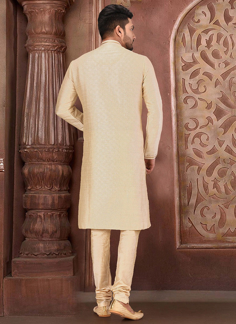 Embroidered Malbari Silk Beige Kurta Pyjama - M2736