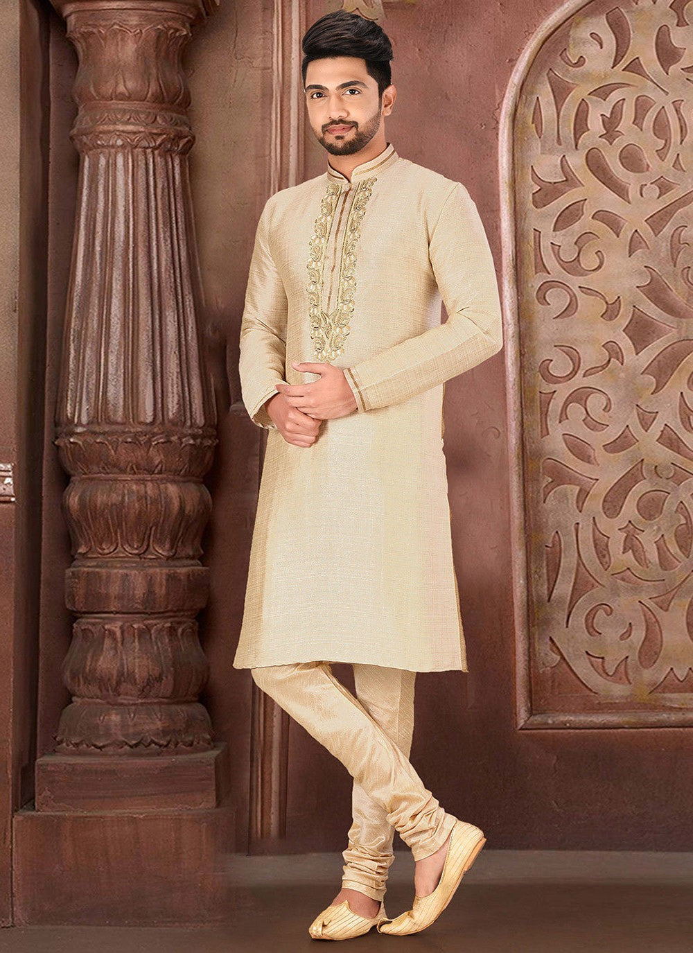 Embroidered Malbari Silk Beige Kurta Pyjama - M2736