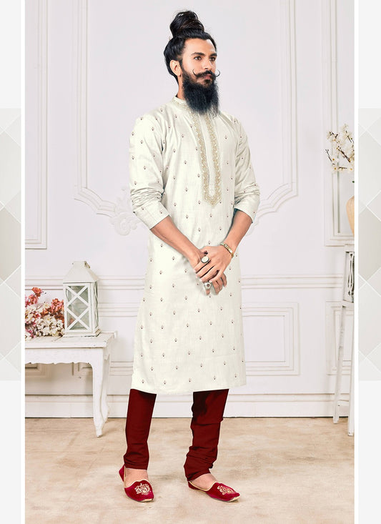 Embroidered Polly Cotton Off White Kurta Pyjama - M2471