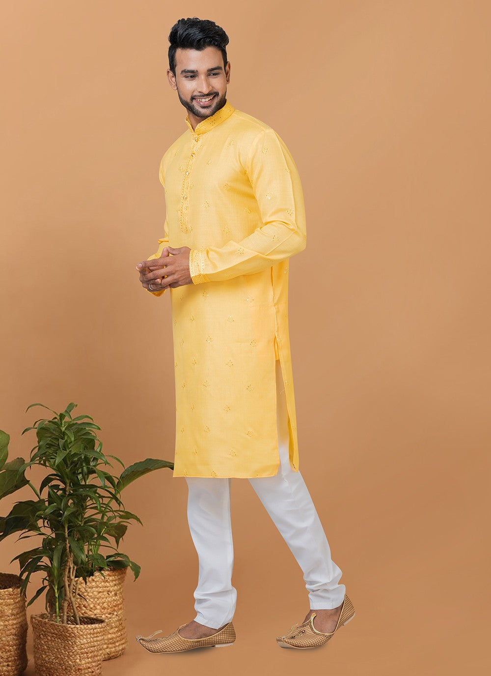 Embroidered Polly Cotton Yellow Kurta Pyjama - M6260