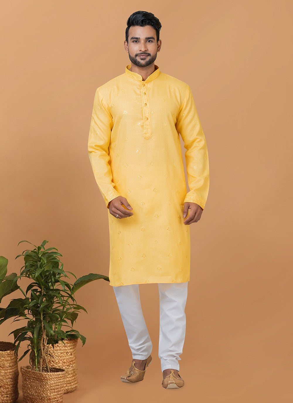 Embroidered Polly Cotton Yellow Kurta Pyjama - M6260