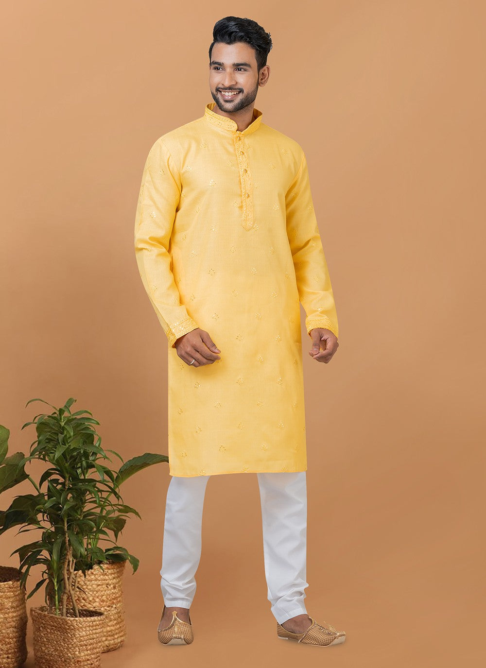 Embroidered Polly Cotton Yellow Kurta Pyjama - M6260