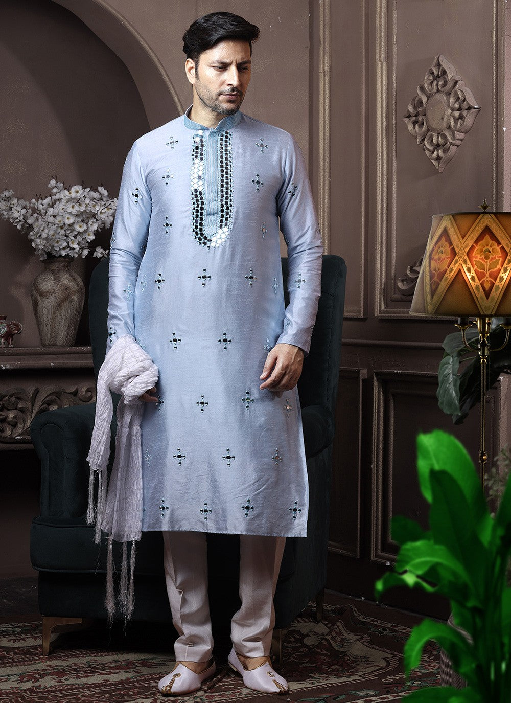 Embroidered Silk Aqua Blue Kurta Pyjama - M3643