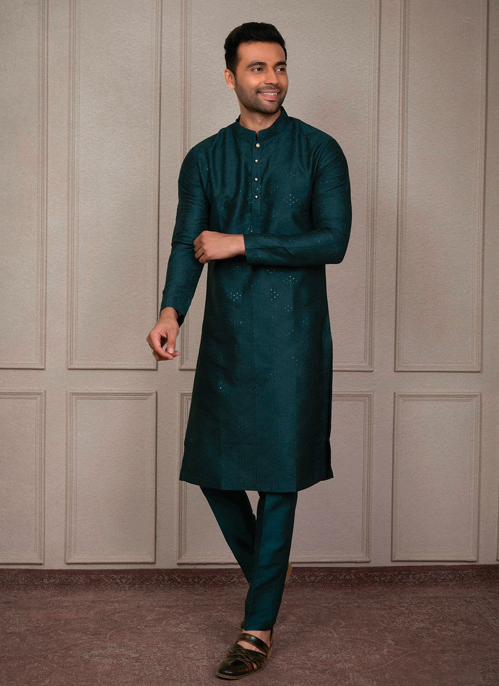 Embroidered Silk Morpeach Kurta Pyjama - M8395