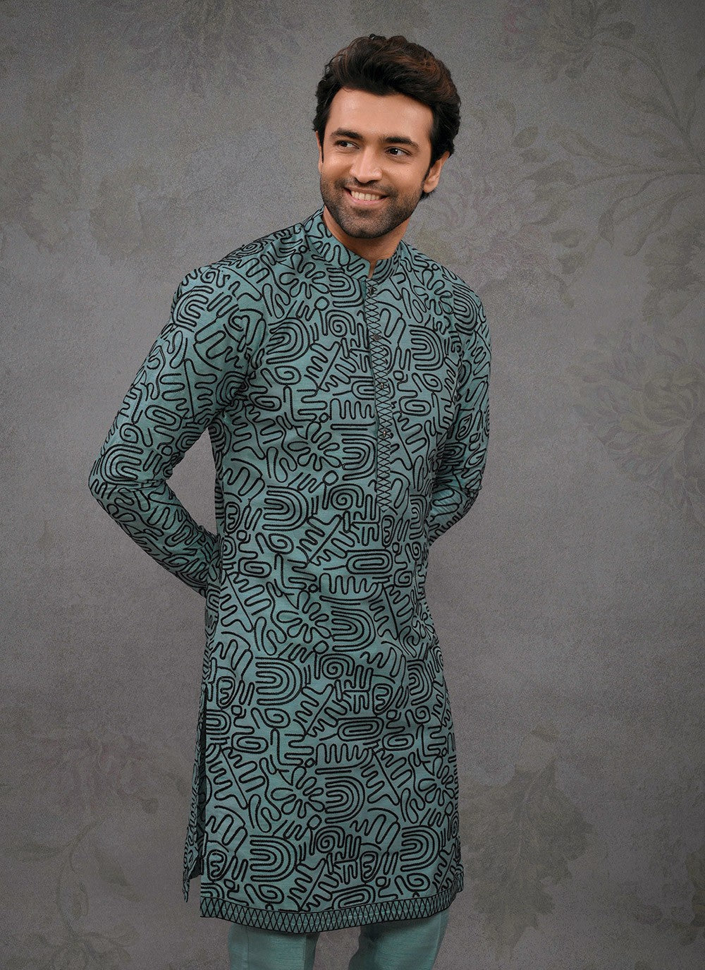 Embroidered Silk Teal Kurta Pyjama - M8385