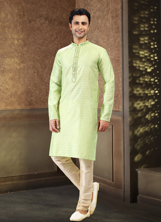 Fancy Work Art Silk, Jacquard Green Kurta Pyjama - M4871