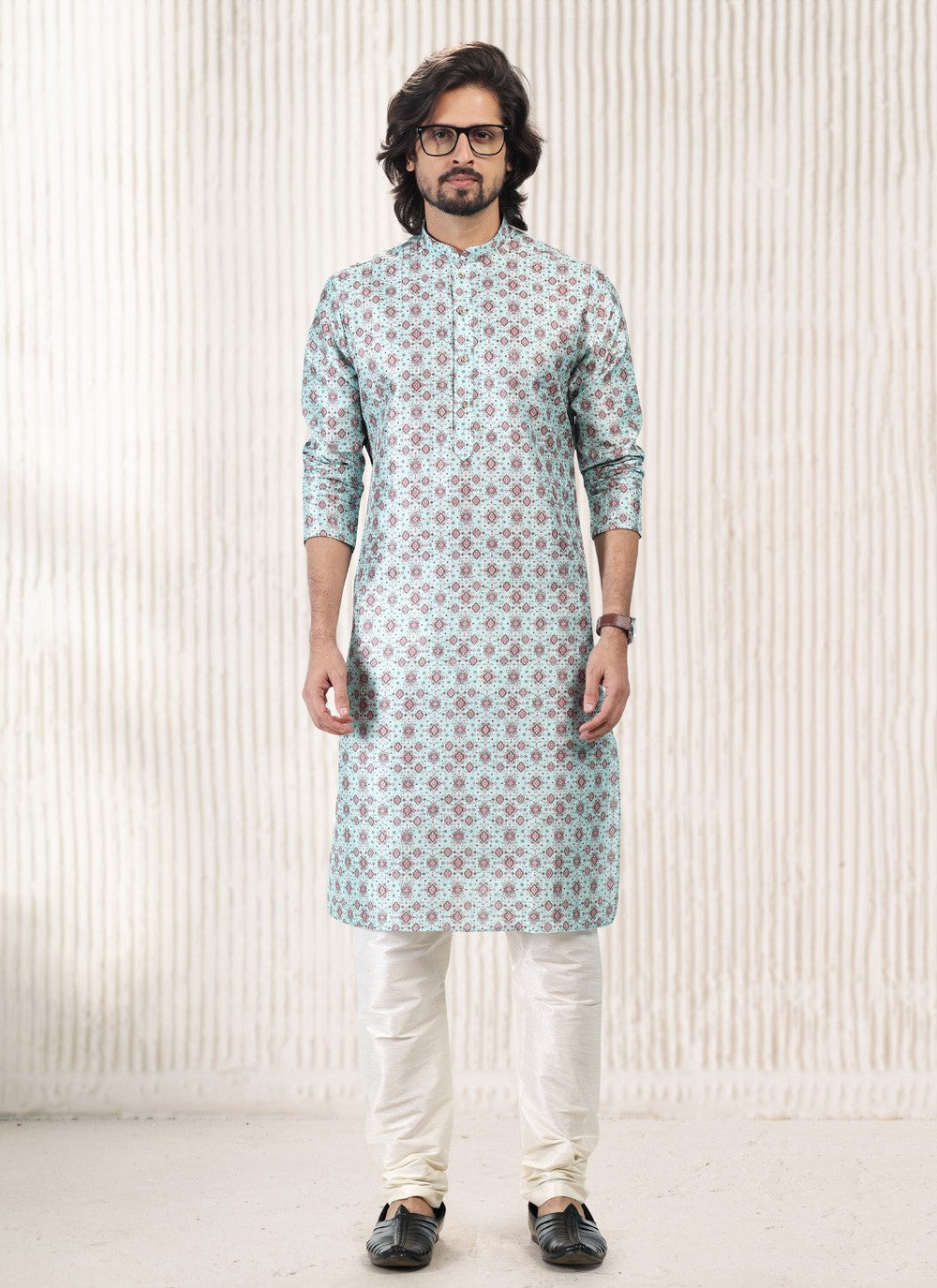 Fancy Work Banarasi Jacquard Turquoise Kurta Pyjama - M5179