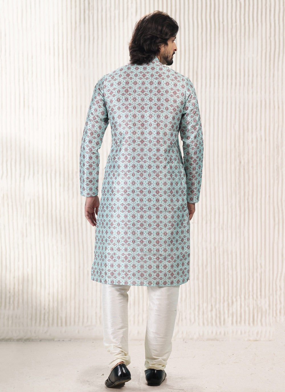 Fancy Work Banarasi Jacquard Turquoise Kurta Pyjama - M5179