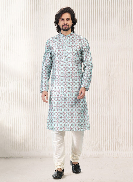 Fancy Work Banarasi Jacquard Turquoise Kurta Pyjama - M5179