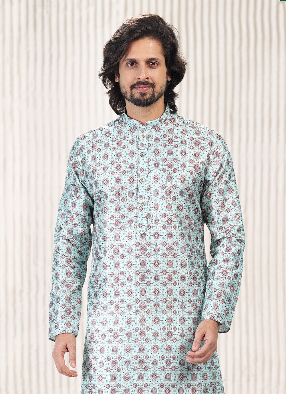 Fancy Work Banarasi Jacquard Turquoise Kurta Pyjama - M5179