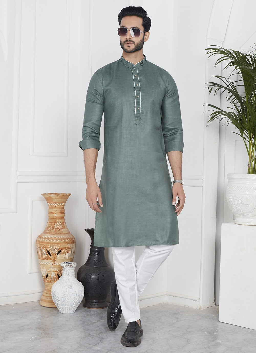 Fancy Work Cotton , Linen Green Kurta Pyjama - M7103