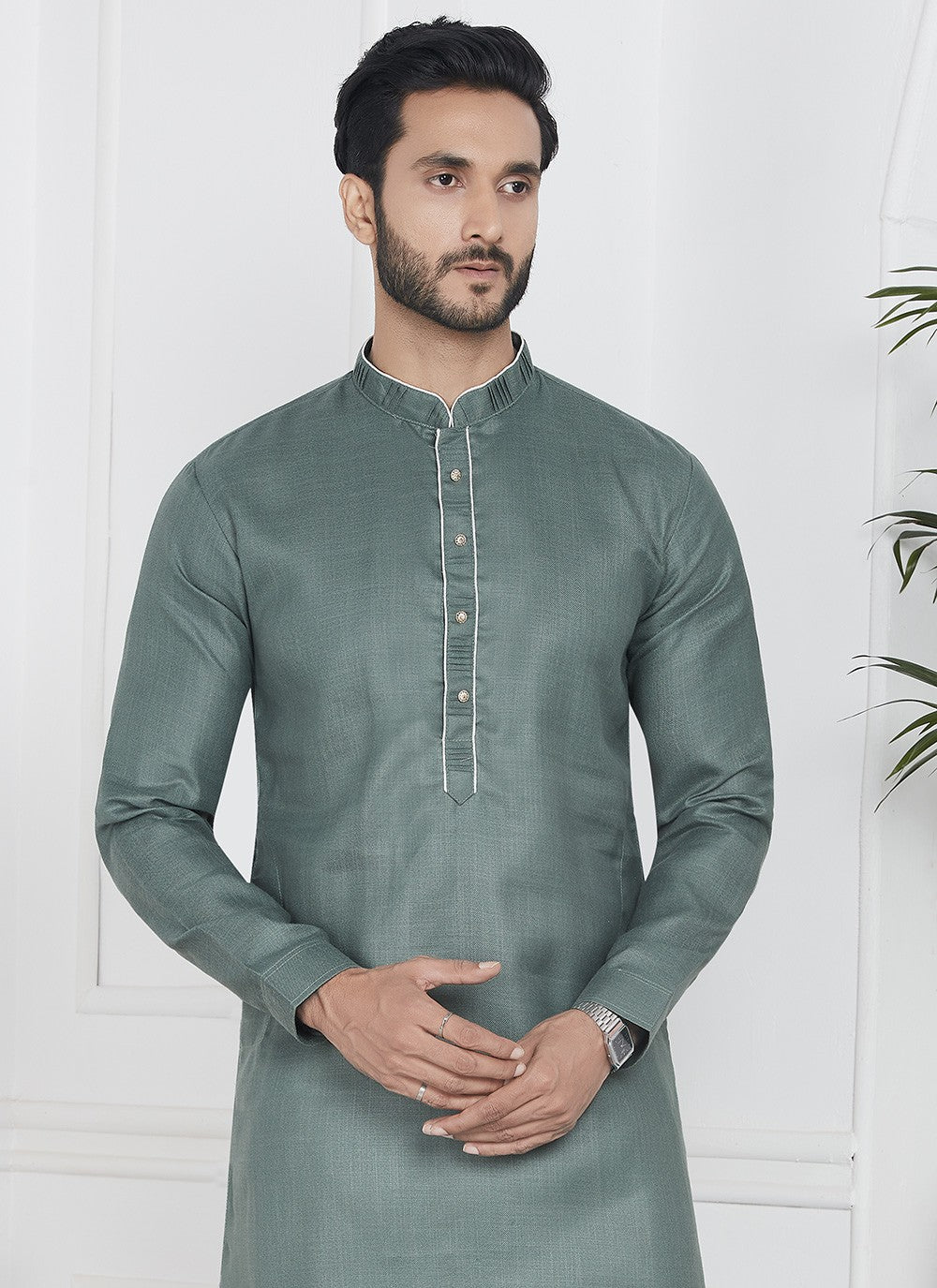 Fancy Work Cotton , Linen Green Kurta Pyjama - M7103