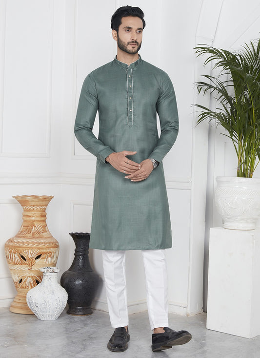 Fancy Work Cotton , Linen Green Kurta Pyjama - M7103